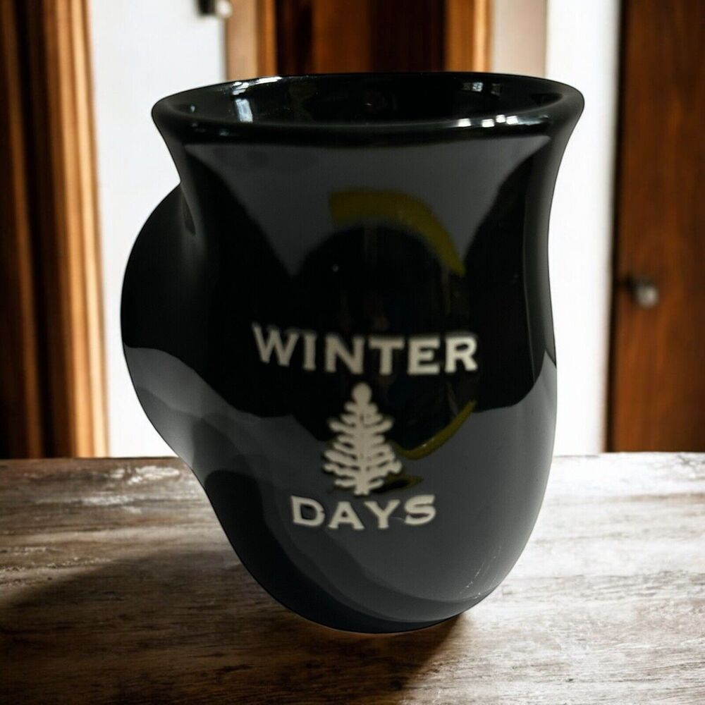 Black Winter Days Hand Warmer Mug TAG White Embossed Tree